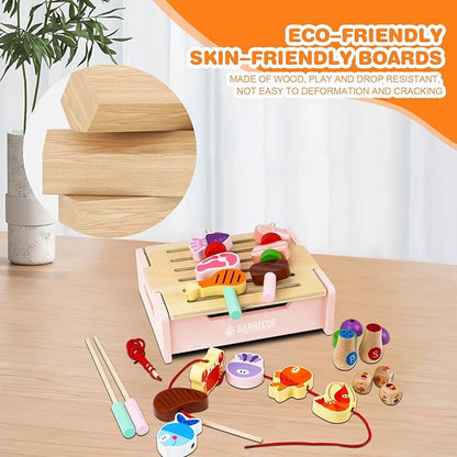 Wooden Grill Playset for Kids 3 Years Old,Children BBQ Grill Playset,2023 New Upgrade Play Kitchen Toy Grill-Pink