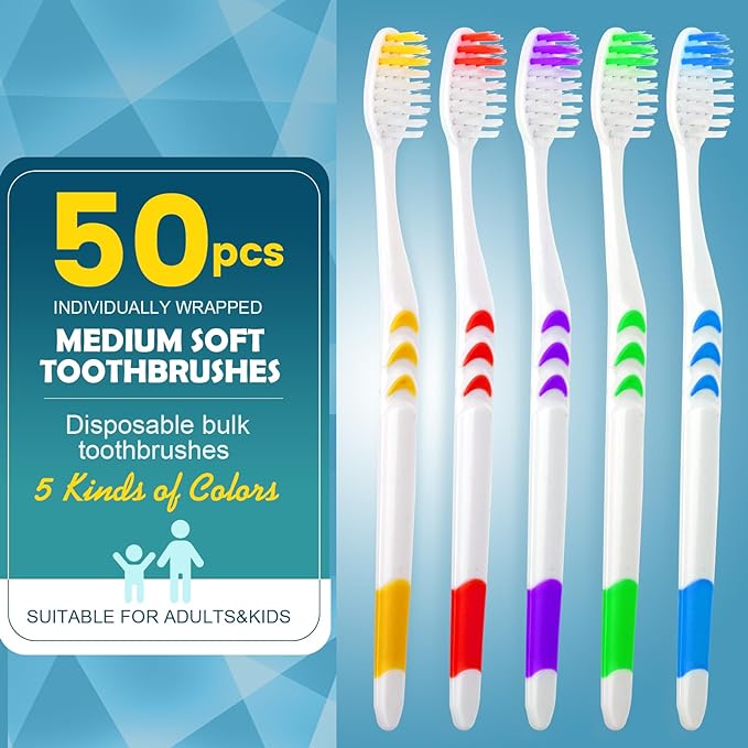 Navona 50 PCS Individually Wrapped Bulk Toothbrush Pack, Disposable Toothbrush, Soft Toothbrush for Adult or Kid, Soft Bristle Toothbrush, Ergonomics Handle, Perfect for Travel, Hotel, Donation