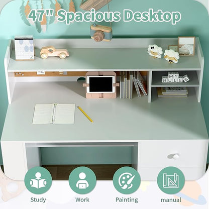 JMMD Kids Desk and Chair Set with Hutch, Wooden Student's Study Desk with Storage Cabinet and Drawer, Children Computer Writing Table for Girls Boys 8-12 Years, White