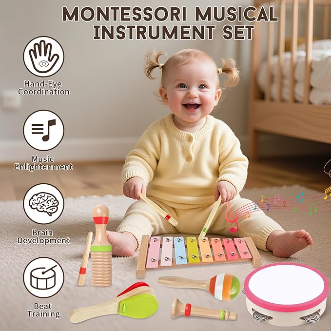 Baby Musical Instruments for Girls-Montessori Wooden Toys for Toddlers 1-3,Percussion Instruments Set with Xylophone Preschool Educational 3+ Christmas Birthday Gift for 1 2 3 Year Girl (Pink)