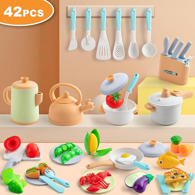 42Pcs Play Kitchen Accessories, Kids Kitchen Pretend Play Toys with Play Pots and Pans, Utensils Cookware Toys, Play Food Set, Toy Vegetables, Learning Gift for Girls Boys
