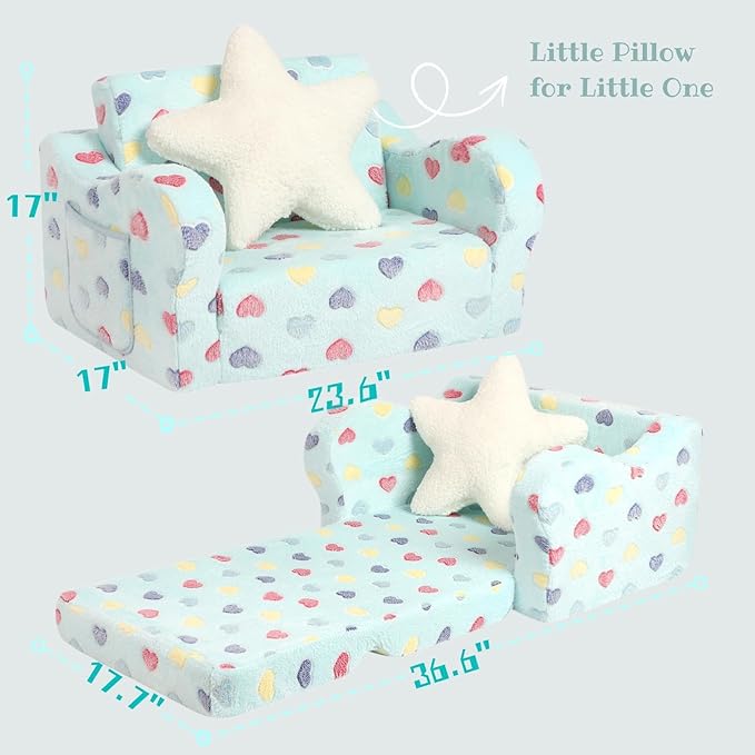 Toddler Couch, 2-in-1 Toddler Soft Couch Fold Out with Star Pillow, Convertible Sofa to Lounger for Girls and Boys, 1-Seat