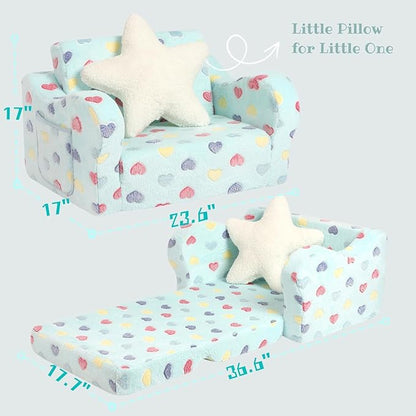 Toddler Couch, 2-in-1 Toddler Soft Couch Fold Out with Star Pillow, Convertible Sofa to Lounger for Girls and Boys, 1-Seat
