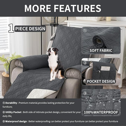Easehomey 100% Waterproof Recliner Chair Covers, Non Slip Dog Chair Cover Furniture Protector Washable Chair Cover with Pocket, Elastic Straps for Kids,Pets,Dogs (Dark Gray, 23.6")