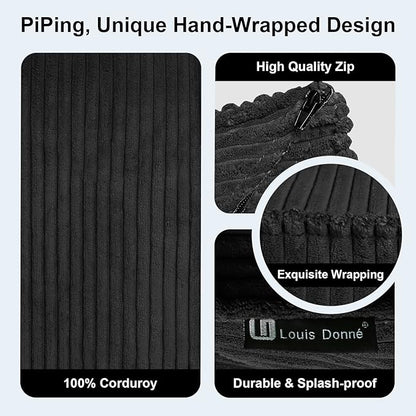 Louis Donné Unstuffed Pouf Ottoman Cover for Storage Black Square Poofy Ottomans Foot stool for Living Room Floor Cushion, Premium Corduroy Fabric, Footrest for Couch and Single Sofa 17.7"(Only Cover)