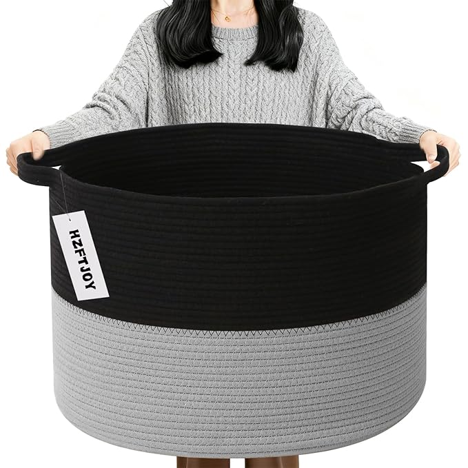90L Large Blanket Basket, 21.7"x 21.7"x 13.8" Rope Woven Storage Basket with Handles, Laundry Hamper for Toys,Clothes,Pillows & Towels,Perfect for Living Room,Bedroom,Black&Light Grey