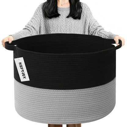 90L Large Blanket Basket, 21.7"x 21.7"x 13.8" Rope Woven Storage Basket with Handles, Laundry Hamper for Toys,Clothes,Pillows & Towels,Perfect for Living Room,Bedroom,Black&Light Grey