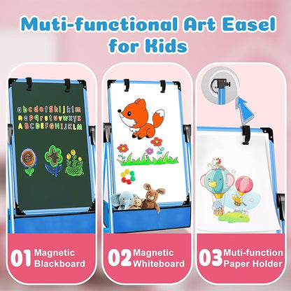 Kids Easel Double-Sided Art Easel with Paper Clip Height Adjustable Whiteboard & Chalkboard 360°Rotating Standing Art Easel for Kids Gift for Boys and Girls Toys for Ages 2-4