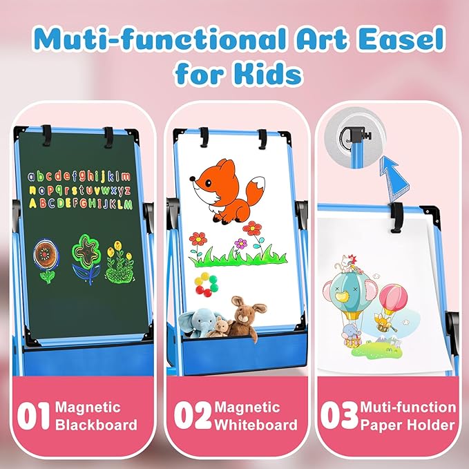 Kids Easel Double-Sided Art Easel with Paper Clip Height Adjustable Whiteboard & Chalkboard 360°Rotating Standing Art Easel for Kids Gift for Boys and Girls Toys for Ages 2-4