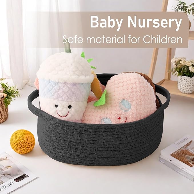 JMvicyroam Woven Basket,Small Rope Storage Bin with Handles & Ribbon Bag, Organizer for Shelves Closets,Gift Basket Empty for Birthday,Books,Dog Toys, Black