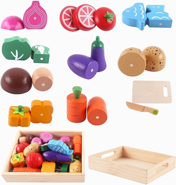 newlng Wooden Play Food Sets for Kids Cutting Vegetables Pretend Play Kitchen Accessory for Toddler Montessori Toys Early Educational Toys with Wooden Box & Knife & Cutting Board