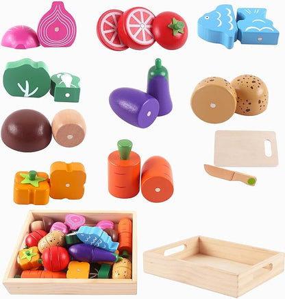 newlng Wooden Play Food Sets for Kids Cutting Vegetables Pretend Play Kitchen Accessory for Toddler Montessori Toys Early Educational Toys with Wooden Box & Knife & Cutting Board