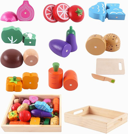 newlng Wooden Play Food Sets for Kids Cutting Vegetables Pretend Play Kitchen Accessory for Toddler Montessori Toys Early Educational Toys with Wooden Box & Knife & Cutting Board