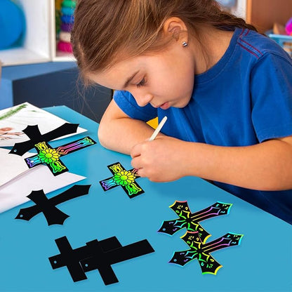 WATINC 60Pcs Scratch Cross Ornaments, Magic Art Color Craft Kit for Kids Scratch Party Favors, Scratch Paper Hanging Tags, Birthday Gifts for Kids, DIY Art Craft Kit for Boys Girls