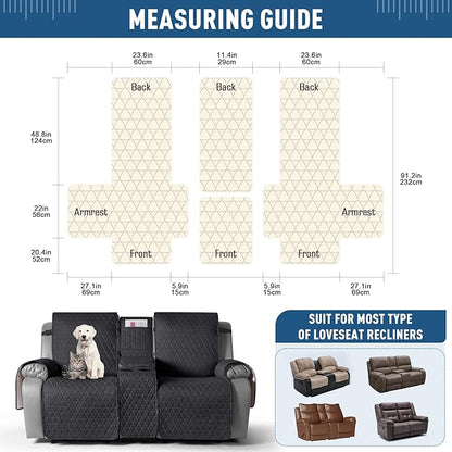TAOCOCO 100% Waterproof Recliner Cover -Loveseat Recliner Cover with Center Console,Non-Slip Reclining Couch Covers for 2 Seat,with Elastic Straps Pocket for Kids, Dogs, Pets (Black, 2 Seater XL)