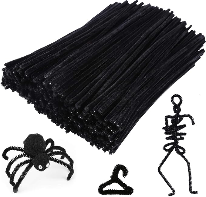 Caydo 200 Pieces Halloween Black Pipe Cleaners Craft Chenille Stems Bulk for Kids DIY Art Creative Crafts and Halloween Decoration (12 Inch x 6 mm)