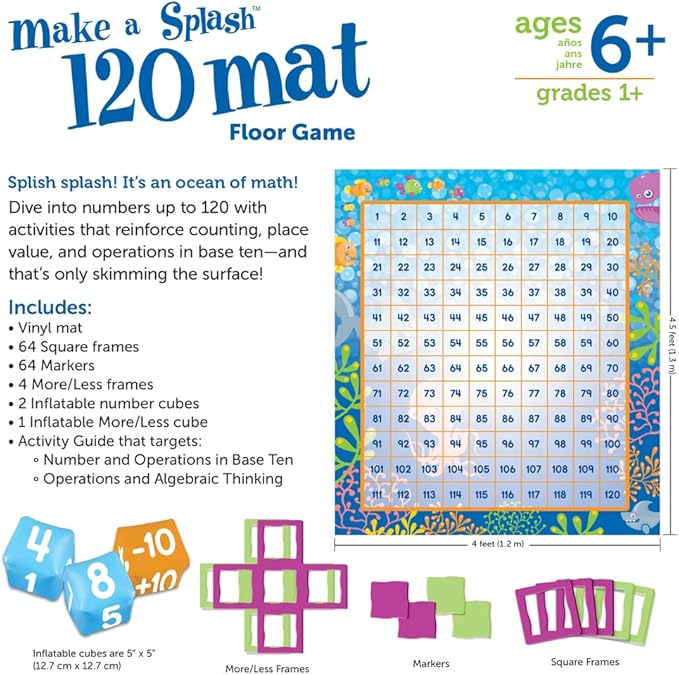 Learning Resources Make a Splash 120 Mat Floor Game, Addition/Subtraction - 136 Pieces, Ages 6+ Math Games for Kids, Educational Games