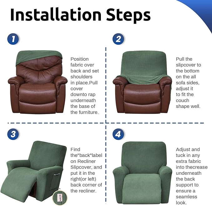 KEKUOU Recliner Chair Covers Lazy Boy Recliner Covers Stretch Couch Cover Slipcovers 1 Piece Furniture Protector with Elastic Bottom for Dog,Kids.(Recliner, Greyish Green)