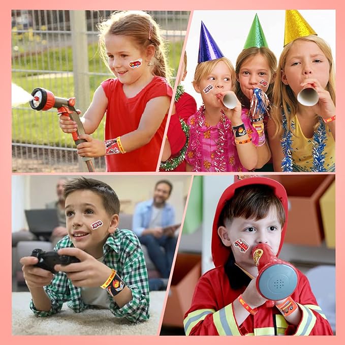 Lorfancy 98 Pcs Firefighter Party Favors Supplies Kids Firefighter Slap Bracelets Rubber Silicone Wristbands Fire Truck Stickers Toddler Fireman Party Supplies Goodie Bag Fillers Gifts for 3 4 5 6 7 8