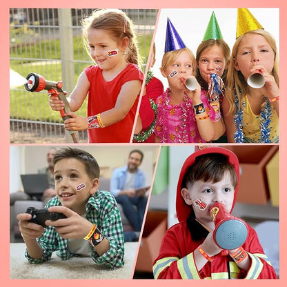 Lorfancy 98 Pcs Firefighter Party Favors Supplies Kids Firefighter Slap Bracelets Rubber Silicone Wristbands Fire Truck Stickers Toddler Fireman Party Supplies Goodie Bag Fillers Gifts for 3 4 5 6 7 8
