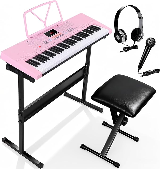 Smartxchoices 61-Key Electronic Keyboard Piano Stand Portable LED Display Keyboard Kit with Adjustable Stand, Adjustable Stool, Headphones, Microphone & Music Rest, Pink