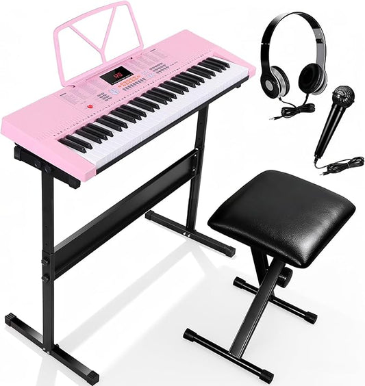 Smartxchoices 61-Key Electronic Keyboard Piano Stand Portable LED Display Keyboard Kit with Adjustable Stand, Adjustable Stool, Headphones, Microphone & Music Rest, Pink