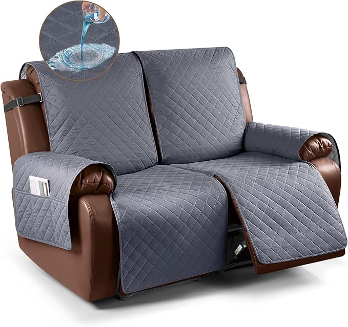 KinCam Waterproof Loveseat Recliner Cover, Non-Slip Reclining Couch Covers for 2 Seat, Recliner Sofa Cover Furniture Protector with Elastic Straps for Kids, Pets, Dark Gray