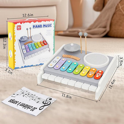 Kids Drum Set Musical Instruments - 5 in 1 Montessori Toys for Toddler Baby, Wooden Music Kit with Piano Keyboard Xylophone, Preschool Educational Sensory Toys Birthday Gifts for Boys Girls 1-3+