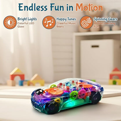 Transparent Sensory Gear Toy Car for Kids, Bump & Go Toy Car with Colorful Moving Gears, Music & LED Lights, Interactive Light Up Toys for Toddlers, Boys & Girls, Great Birthday Gift