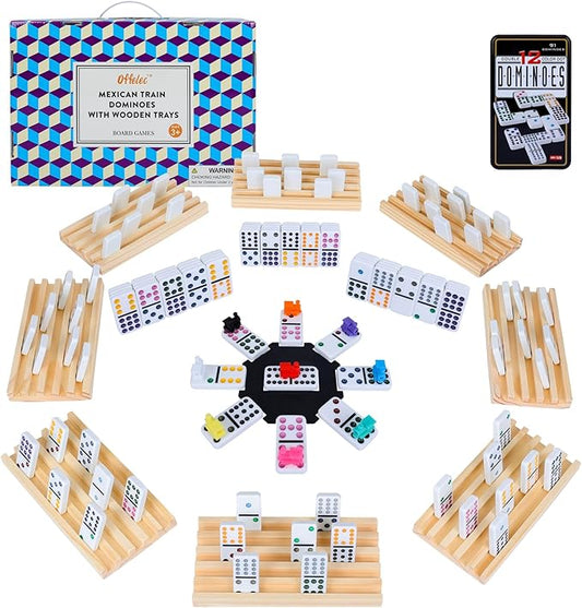 Mexican Train Dominoes Set, 91 Tiles Double 12 Game with 8 Wooden Racks/Trays, Tin Box, and Colorful Trains, Classic Domino Set, Perfect for Kids, Adults, and Families (D12 + 8 Holders)