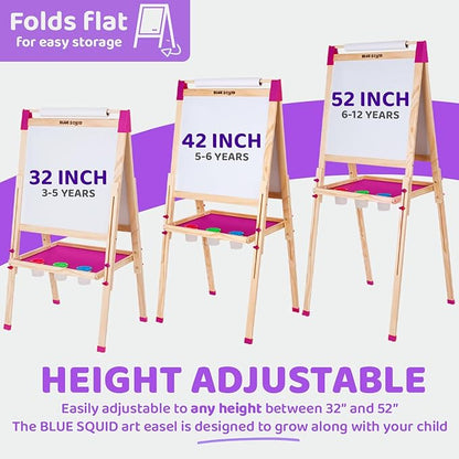 Blue Squid Art Easel for Kids - Dual-Sided Adjustable Wooden Painting Easels, Ideal Christmas Gift for Toddlers and Kid - with Magnetic Chalk Board, White Board & Paper Roll, Includes 100+ Accessories