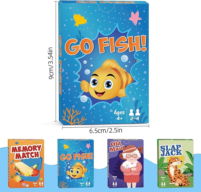 Card Games Go Fish,Old Maid,Slap Jack and Memory Match-4 Decks in 1 Pack,Classic Card Games for Kids Toddlers,Fun Kids Games for Family Party Game Night,Stocking Stuffers Gifts for Boys and Girls