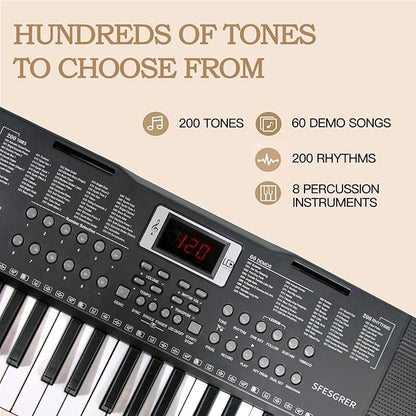 Keyboard Piano 61 Key Electric Piano Keyboard for Beginners/Professional, Portable Light Up Music Keyboard Built-in Dual Speakers with LED Display, Music Stand, Stand, Microphone, Bench (A)