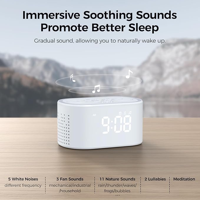 Reacher Digital Alarm Clock & White Noise Sound Machine, 21 Soothing Sounds, 7 Wake Up Sounds, 8 Night Lights, 9 Sleep Timer, 32-Level Volume, Memory Function for Bedside, Bedroom, Teens, Kids, White