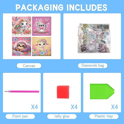FQOVKYN 4Pcs 5D Cute Animals Diamond Art Kits for Kids, DIY Diamond Art Painting Mosaic Kits for Adults Beginner, Full Drill Small Diamond Gem Art and Craft for Kids Age 8-12 (15 * 15cm)