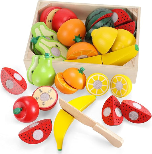 WHOHOLL Wooden Play Food with Wooden Tray & Knife, Pretend Play Cutting Food Toys, Fruits Toy Food Sets for Kids Kitchen, Mini Food Toy, Montessori Toys Learning Resources for 1-5 Year Old Toddlers