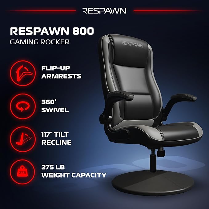 RESPAWN 800 Gaming Chair Floor, Swivel Rocker Gaming Chair, High Back Ergonomic Floor Gaming Chair for Kids and Adults, Gaming Recliner, Floor Rocker Chair with Armrests - Grey