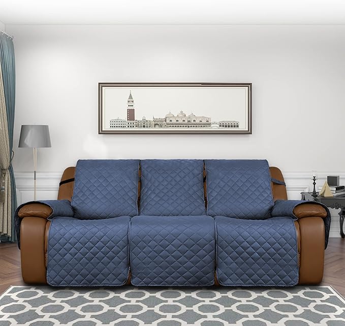 Easy-Going Oversized Recliner Sofa Cover, Reversible Couch Cover for 3 Seat Recliner, Split Sofa Cover for Each Seat with Elastic Straps for Kids, Dogs, Pets (3 Seater, Dark Blue/Dark Blue)