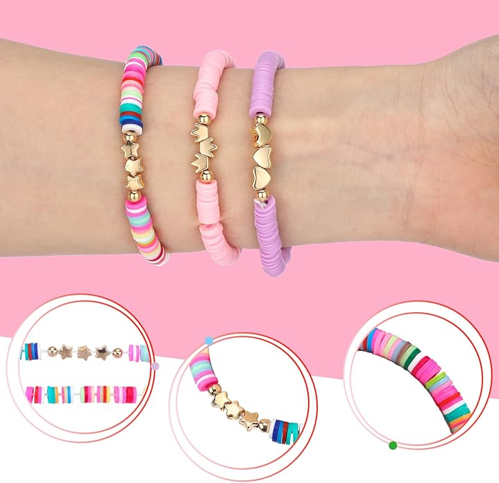 Sureio 24 Pcs Colorful Friendship Bracelets Letter Heart Smile Bracelet Surfer Bracelets Stretch Beaded Kids Bracelet for Girls Women Back to School Tween Girl Party Favors