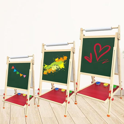 Double Sided Wooden Art Easel,Large Double Sided Wooden Easel White Board & Magnetic Drawing Board & Paper Roll,Double-Sided Magnetic Easel Standing Art Easel for Parties and Festivals