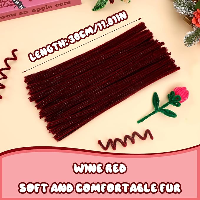 Pipe Cleaners, 100PCS Christmas Pipe Cleaners Craft Supplies, Wine Red Pipe Cleaners Bulk Fuzzy Sticks for DIY Art and Craft Projects Home Decoration