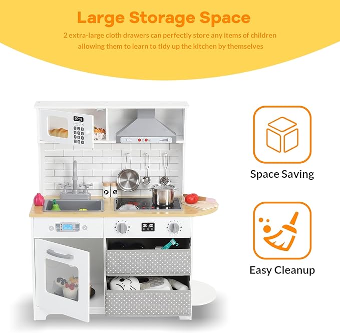 Play Kitchen for Kids, Wooden Kitchen Toy Playset with Stove, Oven, Sink and 17 Pcs Toy Food & Cookware Acces, Pretend Play Kitchen with 2 Fabric Drawers for Toddlers, Preschoolers Age 3+ Years, White