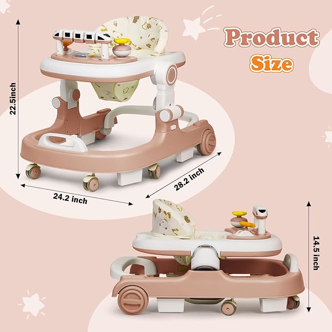 Baby Walker with Wheels, 4 in 1 Foldable Baby Walkers for Boys Girls 6-18 Months, 3 Level Height Adjustment with Bouncing, Feeding Tray & Music, Baby Walker with Activity Center, Toddler Push Walker