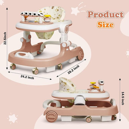Baby Walker with Wheels, 4 in 1 Foldable Baby Walkers for Boys Girls 6-18 Months, 3 Level Height Adjustment with Bouncing, Feeding Tray & Music, Baby Walker with Activity Center, Toddler Push Walker