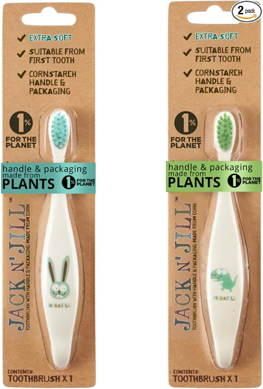 Jack N' Jill Kids Toothbrush - Extra Soft Bristle Toothbrush for Kids, Handle & Packaging made from Plants (Corn), Ergonomic Handle for little hands - Dino & Bunny, Toddler, & Kids Toothbrush (2 Pack)