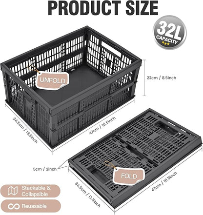HUUSMOT 2-Pack Pastel Plastic Storage Baskets, Collapsible Crates for Organizing, Space-Saving Bins for Classroom, Kitchen, Office, Bedroom (Dark Grey, 19" x 13" x 9")