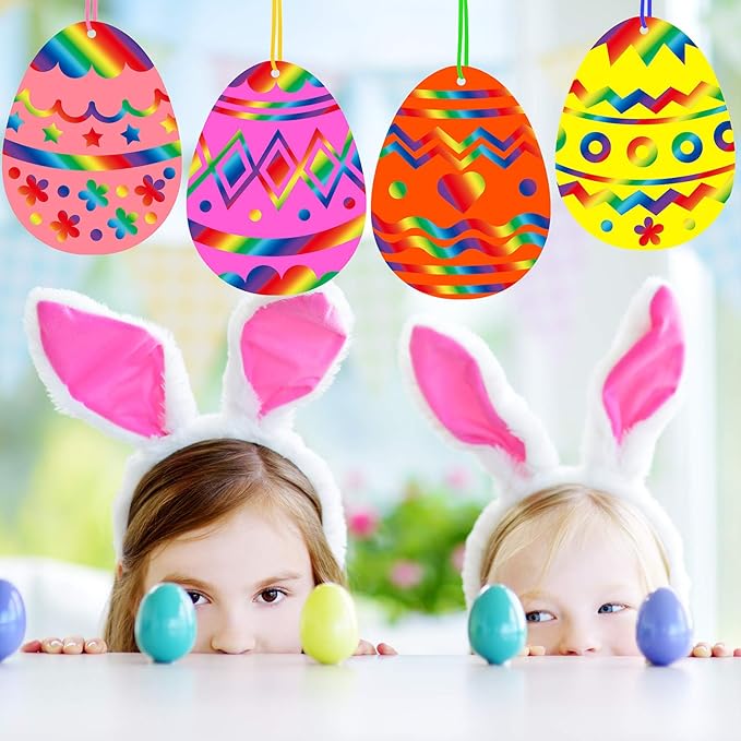32 Sets Magic Color Scratch Art Easter Egg Ornaments Decorations DIY Easter Craft Kits Scratch Paper Easter Egg Scratching Tools for Kids Party Favors Easter Spring Classroom Home Activity Art Project