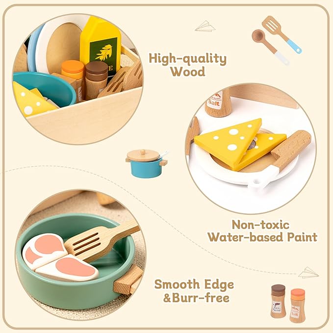 Wooden Play Kitchen Accessories for Toddlers, Kids Pretend Play Pots and Pans Food Dishes Utensils Cooking Toy Set, 20 Pieces Montessori Kitchen Tools Gifts for Boys Girls Ages 3 4 5 6 Years Old