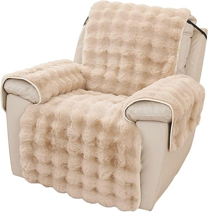 vctops Faux Fur Fluffy Recliner Chair Slipcover Faux Rabbit Fur Non Slip Sofa Cover Super Soft Plush Thick Couch Cover Furniture Protector with Elastic Straps for Kids, Dogs, Pets(Khaki,24")