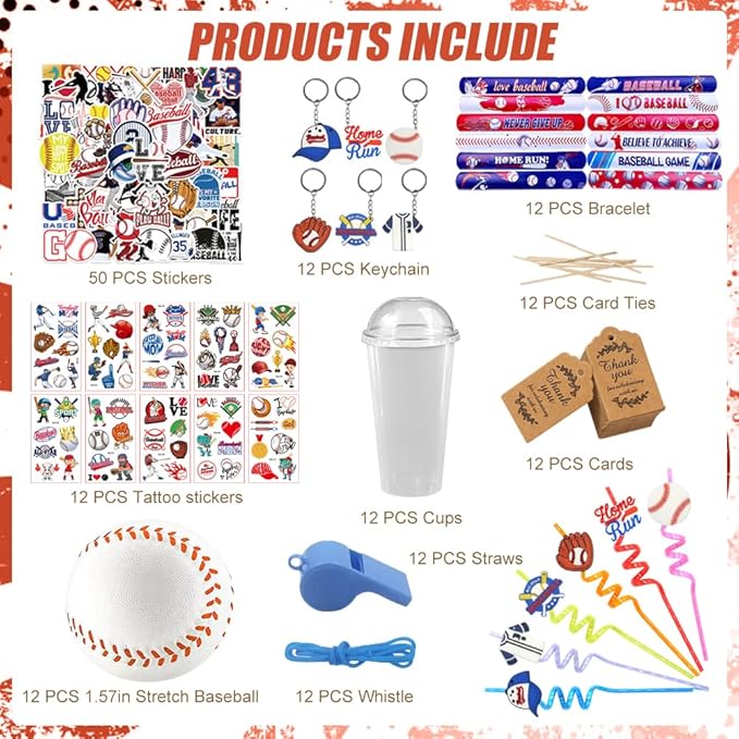 Baseball Party Favors, 172 pcs Birthday Party Supplies contains Cups, Straws, Whistles, Bracelets, Keychains, Stickers, Soft Balls, Tatoo Stickers, Thank You Tags for Sport Themed Birthday Decors